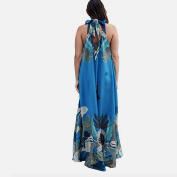 Ranna Gill Isla Blue Brown Halter A-Line Maxi Flowy Caftan Resort Dress Nwt XL - Picture 3 of 8